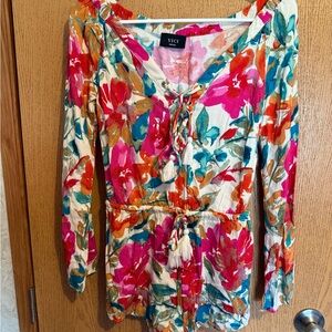 Vici Vibrant Floral Lace-Up Blouse - Pink, Orange, Cream